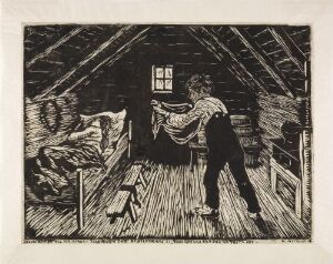  "The Village Idiot Goes A-Wooning at Night" by Nikolai Astrup, a black and white woodcut print depicting a figure in traditional garb standing in a shadowy attic, back facing the viewer, with clothing in hand and a bed to the left, illuminated by light from a small window.