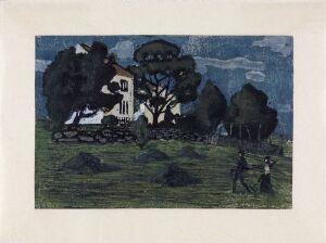  "Home from Work" by Nikolai Astrup, a color woodcut with hand coloring on paper depicting a rural evening scene with a white house flanked by dark trees, under a blue evening sky, and a solitary figure returning home.