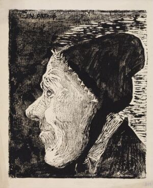  "Old Jølster Maiden," a woodcut portrait by Nikolai Astrup featuring the side profile of an elderly woman in traditional headgear, with detailed lines emphasizing her aged features against a dark background.