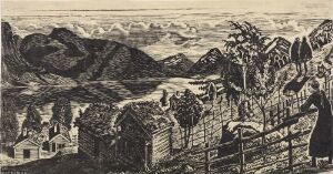  A black and white woodcut print titled "Sandalstrand" by Nikolai Astrup, showcasing a rural landscape with a figure by a fence, rustic cottages, cultivated fields, rolling hills, and dramatic cloud-covered mountains in the distance.