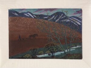  "Night Ploughing" by Nikolai Astrup, a colored woodcut print depicting a ploughman with a horse-drawn plough in a dark brown field at night, with leafless trees in the mid-ground and blue-purple mountains under a dark blue sky in the background.