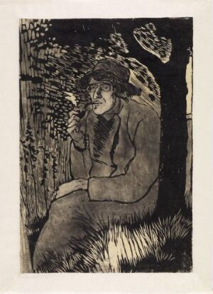  "Large Self Portrait" by Nikolai Astrup, a monochromatic woodcut print showing a pensive individual seated and wrapped in a coat or blanket, holding a pipe, with a background of stylized foliage.