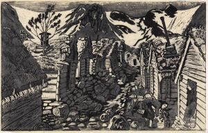  "The Befring Mountain Farms" - a monochromatic woodcut by Nikolai Astrup featuring a collection of traditional Norwegian mountain farm buildings surrounded by steep mountains, a foreground with boulders and fencing, and a prominent tree, executed in a palette of blacks, whites, and grays.