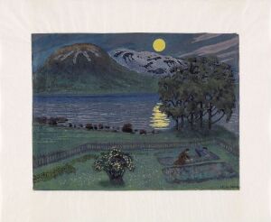  "Moon in May" by Nikolai Astrup - A tranquil night scene with vibrant green meadows in the foreground, dark leafy trees, a reflective body of water, snowy blue mountains in the background, and a bright yellow full moon in a dark blue sky.