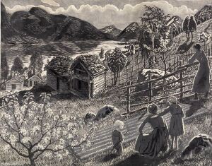  "Growing Season at Sandalstrand" - A black and white woodcut print by Nikolai Astrup showing a bucolic landscape with people engaged in agricultural activities among an orchard, traditional wooden houses in the background, and rolling hills under a cloud-streaked sky, rendered in shades of gray that highlight texture and depth.