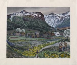  "Marsh-marigold Night" by Nikolai Astrup, depicting a tranquil nocturnal scene with a flowing stream, bright yellow marsh-marigolds in the foreground, modest houses receding into the distance, and majestic, snow-capped mountains against a twilight sky in cool shades of purple and blue.