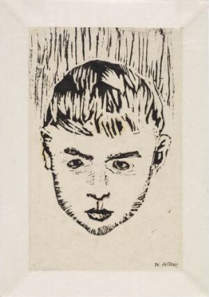  "Head of a Boy" by Nikolai Astrup, a woodcut print depicting the face of a young boy with straight-across bangs and a neutral expression, with stark black lines on a white paper background.