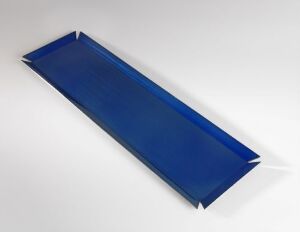  A stainless steel and enamel serving tray designed by Grete Prytz Kittelsen with a glossy cobalt blue interior and potentially polished steel edges, showcasing a modern design aesthetic.