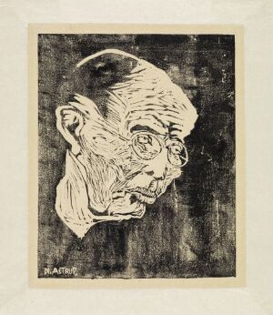  "The Pious Cobbler" by Nikolai Astrup, a fine art woodcut print on paper, depicting a contemplative old man with etched features and devout expression, consisting of bold black lines on a cream-colored background with a dark textured pattern.