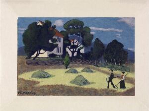  "Home from Work" by Nikolai Astrup is a color woodcut with hand coloring on paper depicting a pastoral scene with three hayricks in golden yellow on the left, a figure mowing with a scythe on the right, a white house with red roof in the center framed by dark green trees, against a soft blue sky.