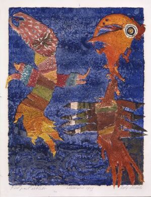  "Birds" by Rolf Nesch, an abstract fine art color metal print on paper, featuring two stylized and colorful bird figures against a textured deep blue background, made with a collage of colorful patches representing feathers and details such as circular eyes.