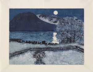  "Winter Night" by Nikolai Astrup, a color woodcut with hand-coloring on paper depicting a serene winter night in a rural setting. The dark blue night sky features a radiant full moon over a mountain range with a reflective body of water below. A snow-covered landscape with a detailed wooden fence and a fluffy snow-laden tree occupies the foreground, capturing the quiet and mystical essence of a Nordic winter scene.