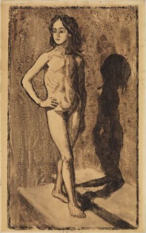 "Nude" by Nikolai Astrup, a hand-colored woodcut print on paper depicting a standing nude female figure in confident pose, with emphasis on form and shadow in a warm monochromatic brown palette.