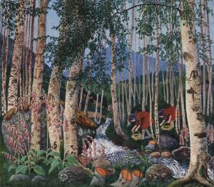  "Foxgloves" by Nikolai Astrup—a fine art print showing a dense woodland with tall, pink and purple foxglove flowers, white-barked birch trees, and a mossy ground with orange pumpkins. The lush, green undergrowth is richly detailed, contrasting with lighter spots where sunlight filters through.