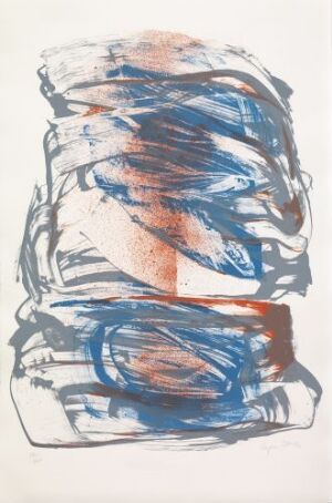  "Parafrase over Trondhjemsrosen" by Inger Sitter, an abstract color lithograph on paper featuring energetic blue and orange brushstrokes clustered in the composition's center against a neutral background.