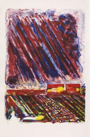  "Trøndersk høstlandskap" by Jens Johannessen - an expressive color lithograph on paper showcasing an abstract autumn landscape with dramatic diagonal strokes of red, orange, and blue in the upper section, and horizontal lines with greens, yellows, and patches of bright yellow and dark red structures at the bottom, conveying the vibrant essence of a harvest season.