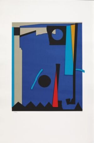  "Ode til Byen ved fjorden" by Lars Tiller, an abstract fine art print with a predominance of royal blue, featuring stylized geometric shapes and lines. Elements include a pale blue rectangle, teal vertical stripe, jagged black shapes at the bottom, aqua and crimson lines, a looping white line, a small black circle, and accents in bright orange and yellow at the edges. The