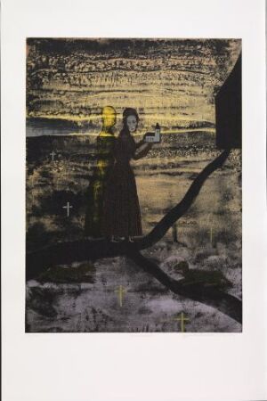  "Olsoknatt" by Kjell Erik Killi Olsen, a color lithograph on paper, depicting a shadowy figure holding a yellow light in a dark landscape with textured sky and indistinct horizon line.