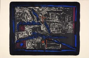  "Byens lys. Vinternatt" by Ove Stokstad, a color lithography on paper depicting an abstract cityscape at night, with dominating shades of blue and black accented with highlights of white, red, and yellow to suggest urban lights within a winter setting.