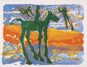  Abstract color lithograph by Frans Widerberg titled "Uten tittel," depicting two green stylized animal figures against a backdrop of vivid blue sky and warm yellow and orange landscape, capturing a vibrant and dreamlike scene.