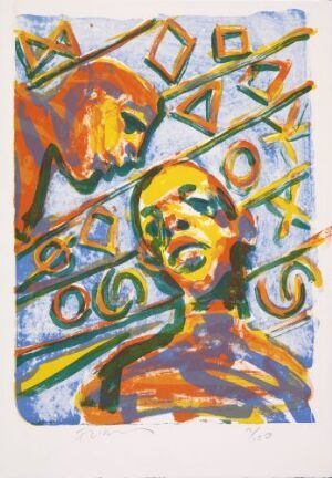  "Uten tittel" by Frans Widerberg. A color lithograph on paper featuring a central, abstract figure in vibrant oranges and blues, surrounded by whimsical geometric shapes and green swirls, creating an energetic, dreamlike composition.