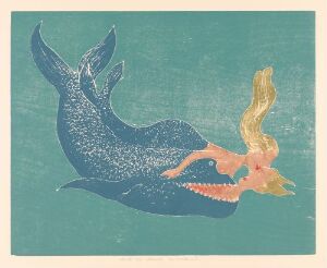  "Experience" by Eli Hovdenak, a colored woodcut print on paper depicting a stylized dark blue whale-like creature with white speckles alongside an elegant, coral-pink, humanoid aquatic figure against a muted turquoise background, symbolizing an interconnected marine experience.