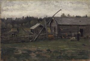  "Old Barn, Hedmark" - an oil painting by Gerhard Munthe depicting a decaying barn and smaller building in a rural setting, with muted greens and browns in the grass, a line of trees in the background, and an overcast sky, executed with a subtle, somber color palette.