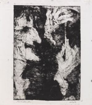 
 "Karl Muck Conducting" by Rolf Nesch, an abstract black and white print depicting the energetic figure of a conductor in motion, using drypoint, etching, aquatint, and other techniques on paper, with an expressive, impressionistic style.