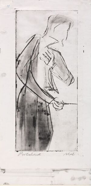  "Karl Muck Conducting" by Rolf Nesch, a monochromatic drypoint artwork on paper showing a stylized and abstracted figure of a conductor with a focus on posture and movement, rendered in bold lines and shaded with grayscale tones.