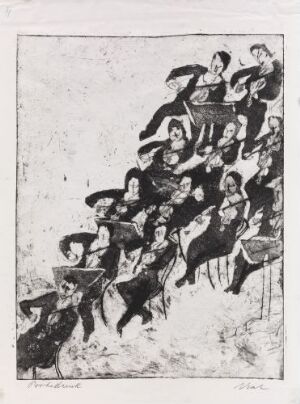  "Violins" by Rolf Nesch, a black and white abstract visual art print depicting a dynamic and overlapping group of violin players rendered with expressive lines and tonal variations in drypoint and aquatint on paper.