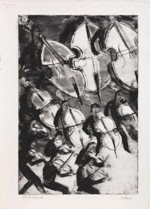  A black and white abstract print titled "Violas, Cellos and Contrabass" by Rolf Nesch featuring overlapping forms of stringed instruments with rich blacks, varied grays, and dynamic texture.