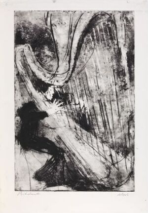  "Harp" by Rolf Nesch, an abstract monochromatic fine art piece using drypoint, aquatint, and unidentified surface treatments on paper, suggesting the form and strings of a harp through dynamic lines and textural contrasts in shades of black, white, and gray.