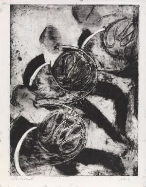  "French Horns" by artist Rolf Nesch, an abstract black and white fine art print with monochromatic shades representing stylized French horns, involving etching and aquatint techniques on paper, with a textured and embossed surface.