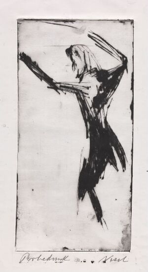  "Karl Muck Conducting" by Rolf Nesch, is an abstract drypoint print showing a vigorous conductor, portrayed through bold, expressive black lines on white paper, capturing the essence of musical direction through movement and abstraction.