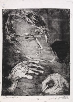  Black and white etching "Karl Muck" by Rolf Nesch, displaying an abstract interpretation of a figure with exaggerated facial features and prominently detailed hands, conveying strong emotion and character in shades of gray on paper.