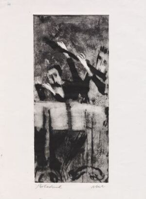  Abstract monochromatic artwork "Flute Players" by Rolf Nesch created with cold needle and aquatint on paper featuring two stylized figures playing flutes, characterized by expressive lines and a textural surface in black, grey, and white tones.