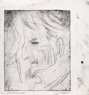  Monochromatic drypoint on paper portrait titled "Karl Muck" by Rolf Nesch, displaying an expressionistic side view of a person's face with closed eyes, etched lines forming the hair and facial features against a white background with