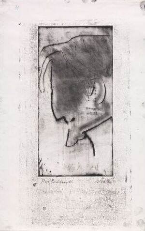  "Karl Muck" - A black and white abstract portrait etching by Rolf Nesch depicting the profile of a person facing left with expressive lines and shades, featuring a contrast of dark etching against the lighter paper background, encased in a roughly defined rectangular border.