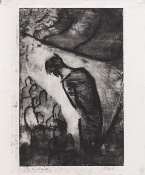 
 "Karl Muck Bowing" by Rolf Nesch, a monochromatic print featuring an abstract figure of a man bowing, depicted with contrasting shades of black, white, and gray, and a textured background suggesting a performance or formal event.