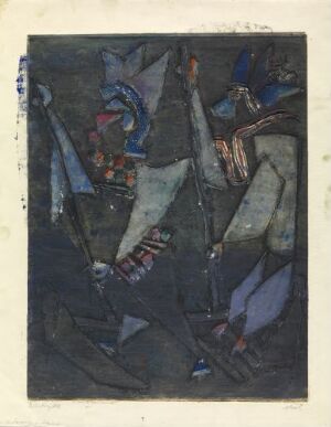  "Two Lapps in a River Boat" by Rolf Nesch, an abstract color metal print on paper showcasing two stylized figures in shades of dark and light blue with accents of white and red, possibly rowing or handling a boat against a dark, indistinct background.