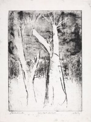  "Winter Landscape" by Rolf Nesch, an abstract monochromatic etching on paper depicting a leafless tree in a diffuse, textured forest setting, using stark black and white tones to evoke the cold and solitude of winter.