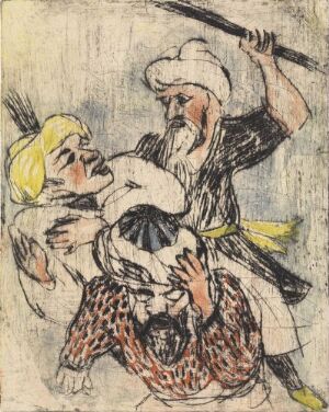 "The Merchant and the Barber," an artwork by Rolf Nesch, depicts two figures engaged in a close interaction. The barber, in a leopard-patterned cloth, holds scissors aloft over the seated merchant, who wears yellow-highlighted clothing. The image has a muted color palette with expressive line work and textured details on paper, conveying a sense of traditional narrative or folklore.