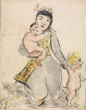  "The Woman and Her Children" by Rolf Nesch - a fine art print on paper depicting a mother in gray and beige tones with a touch of yellow on her apron, holding an infant and with a toddler by her side, rendered with cold needle and colored aquatint techniques.