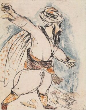  "Man Throwing a Stone" by Rolf Nesch, an expressionistic fine art print showing an abstract male figure in mid-throw, wearing a white tunic with dotted details and a blue and white headwrap. The colors are subdued with cream, light orange, and soft blue tones against a pale background.