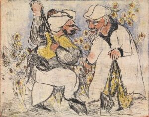  "The Goldsmith and the Carpenter digging up the Idols" by Rolf Nesch, a print featuring two stylized figures engaged in digging, with exaggerated features and outlined in strong black lines, set against a light background with splashes of yellow flowers.