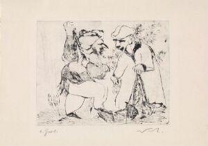  "The Goldsmith and the Carpenter Digging up the Idols" by Rolf Nesch is a monochromatic drypoint print on paper showcasing two exaggerated, caricature-like figures in the midst of an arduous activity, possibly digging, with a textured background suggesting foliage. The figures are positioned closely together, emphasizing their collaborative effort.