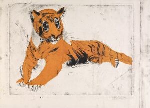  "Tiger" by Rolf Nesch - A fine art print featuring an orange and black striped tiger in a reclining pose, created using etching, drypoint, and color aquatint with embossing on paper. The vibrant orange of the tiger, set against a stark white background, stands out boldly. Visible plate marks and embossed lines add texture to the image.