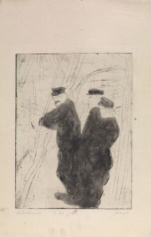  "Three Captains" by Rolf Nesch is an abstract fine art print using aquatint and drypoint techniques on paper, depicting three ambiguous, darkly shaded figures with caps against a lighter background, invoking an expressionist portrayal of seafaring life.