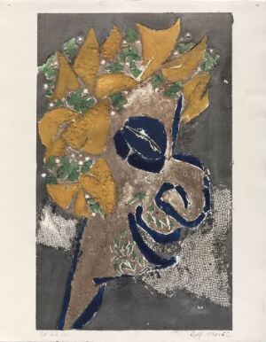  Abstract fine art print titled "Pan" by Rolf Nesch, featuring bold blue outlines of a figure's face with a crown of golden-yellow leaf-like shapes on a backdrop of muted grays and browns with speckles of white and green, conveying a vibrant and texturally diverse scene on paper.