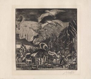  "Svolvær" by Rolf Nesch, a monochromatic etching depicting an expressive scene of a coastal town with bold, angular buildings in the foreground and a dynamic, abstracted landscape in the background, rendered in shades of black, gray, and white.